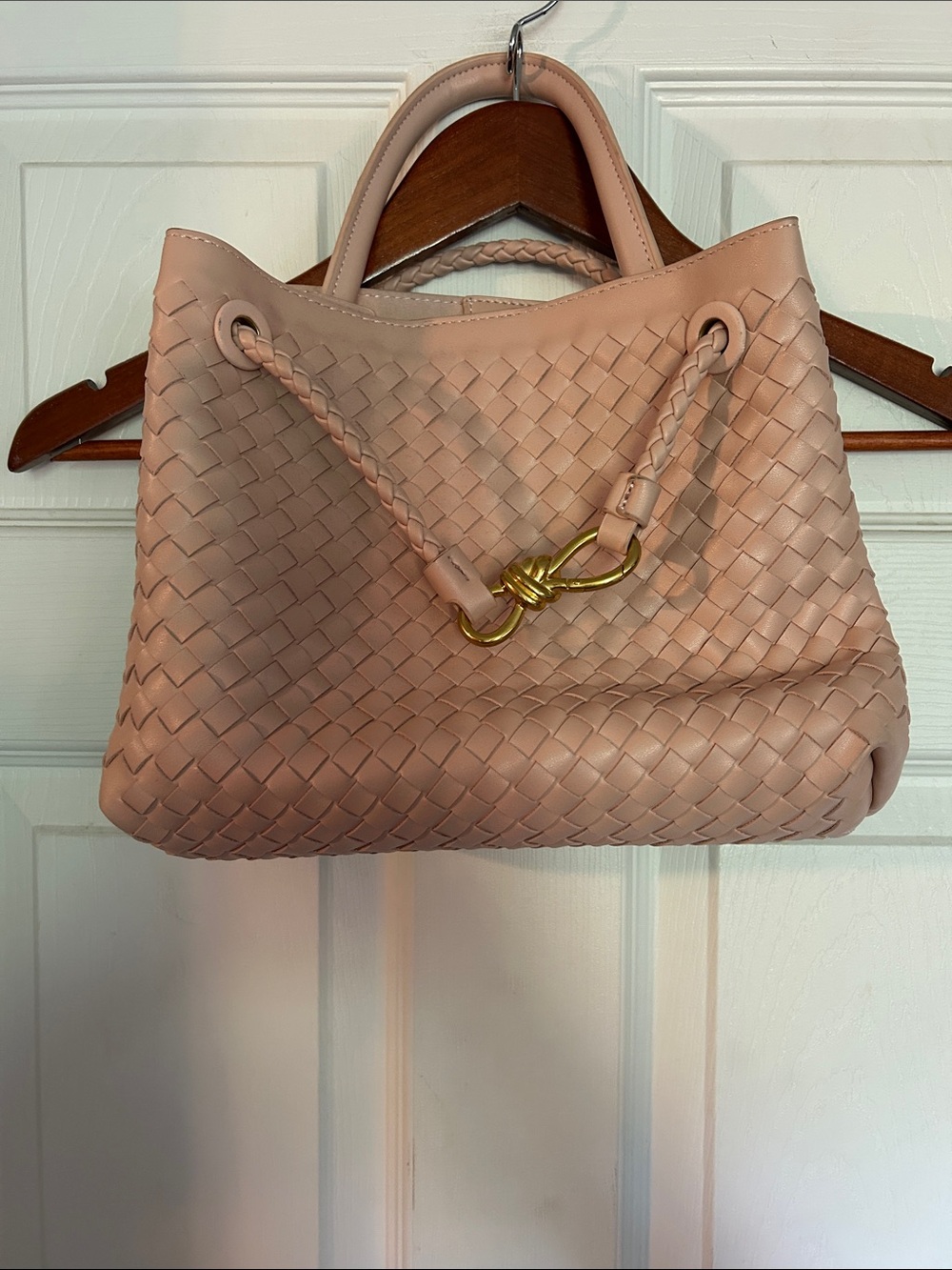 Woven Leather Tote Bag in Blush Pink